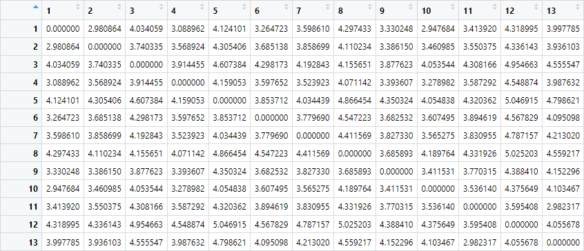 Preview of the distance matrix used under the hood in DistributionalSemanticsR